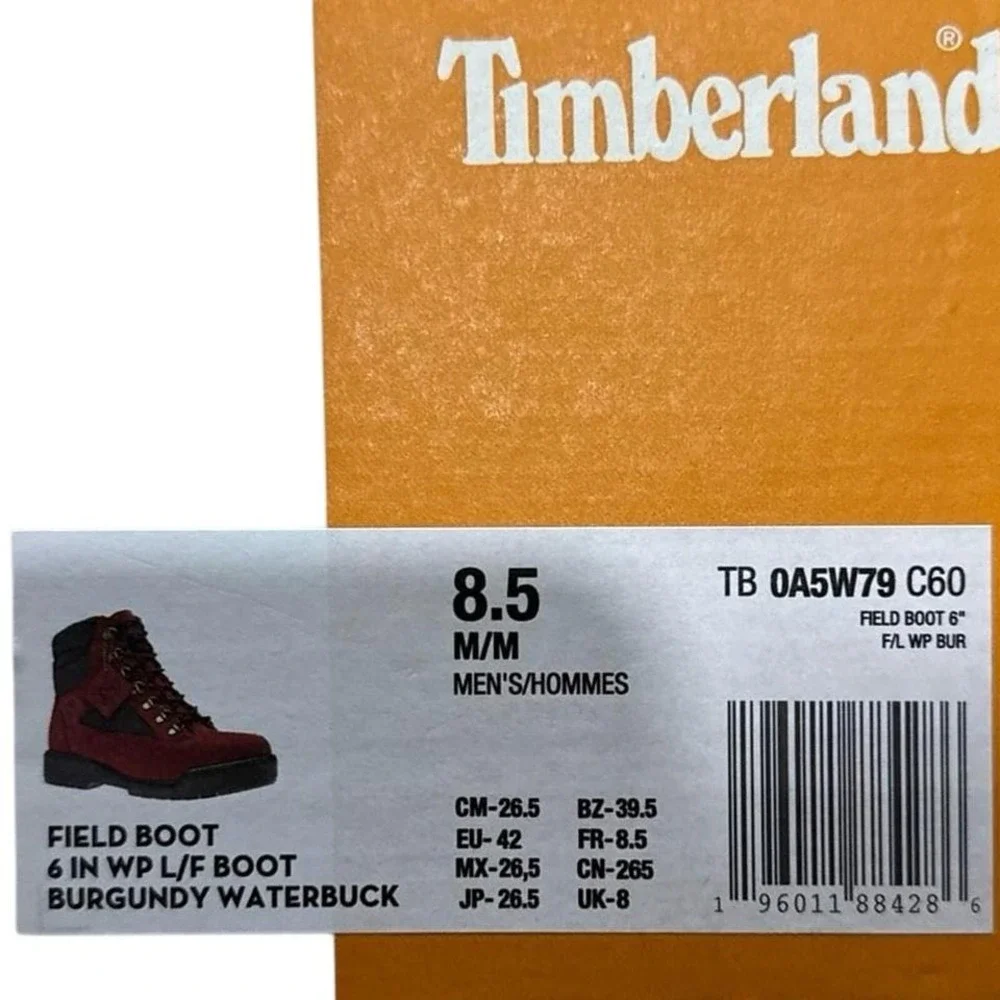 Timberland Men 6 inch Waterproof Field Boots - Color:‎ Burgundy - Size 8.5
